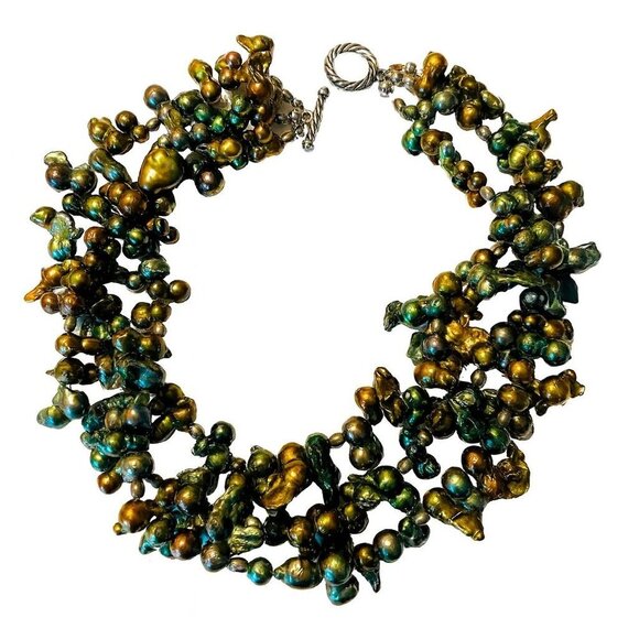 Vintage Peacock Baroque Freshwater Pearls Statement Necklace 18" - Picture 2 of 6